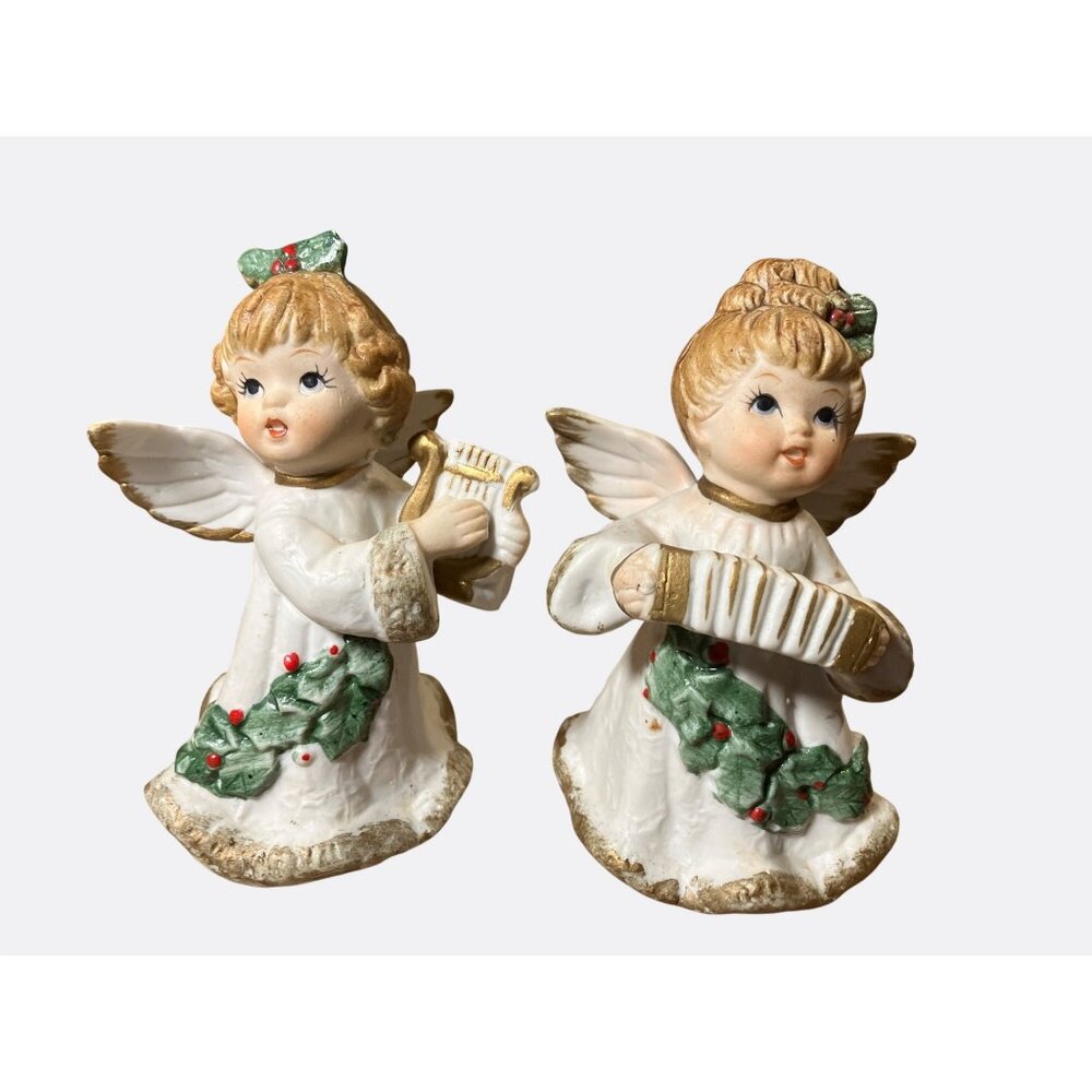 HOMCO Ceramic Angel Figurines With Harp and Sheet Music 5252 Christmas Decor
